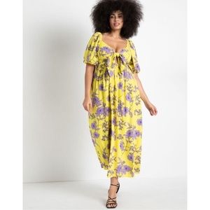 Eloquii Tie Front Full Skirted Maxi Dress in yellow and lilac